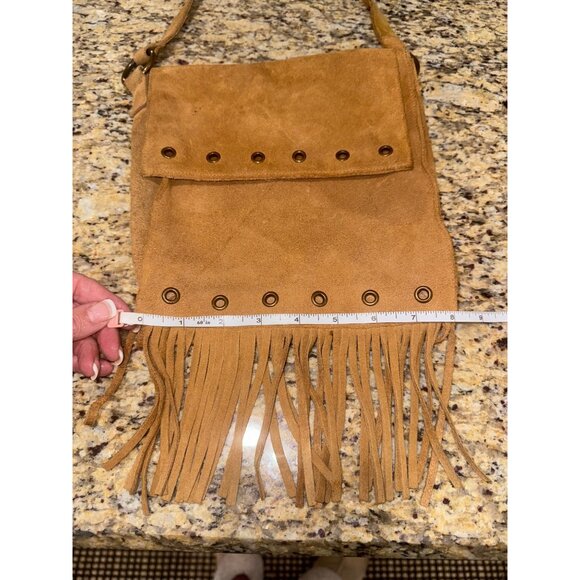 Vintage Tan Suede Leather Hippie Boho Coastal Cowgirl Fringe Crossbody Bag Rivet - Picture 4 of 11